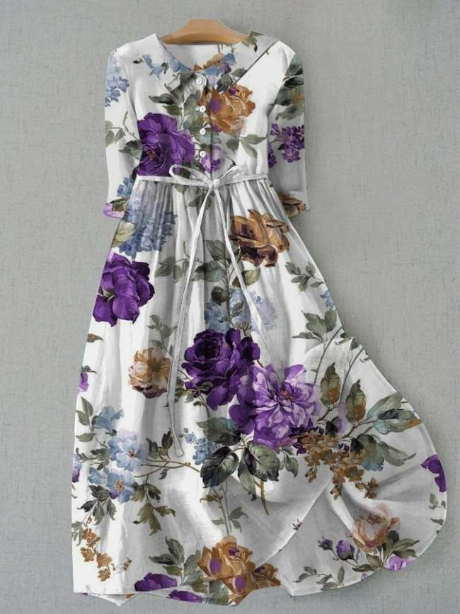 Women's Vintage Botanical Floral Design Print Lace-Up Dress