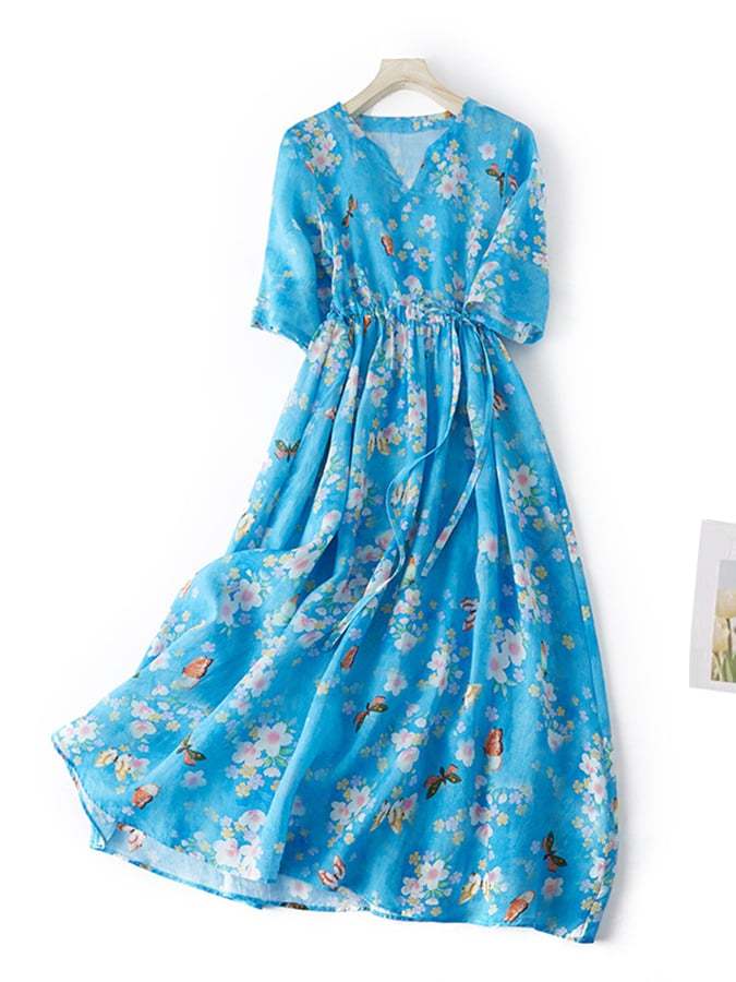 Retro Art Print Waisted Wrap Dress