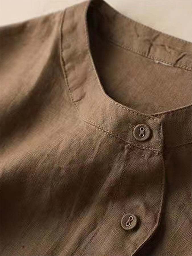 Cotton And Linen Solid Color Lantern Sleeve Shirt
