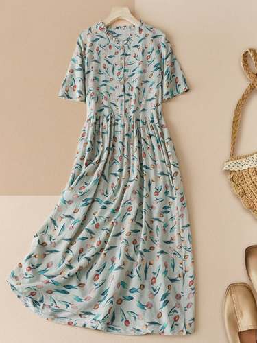 Cotton And Linen Printed Artistic Waistband Dress