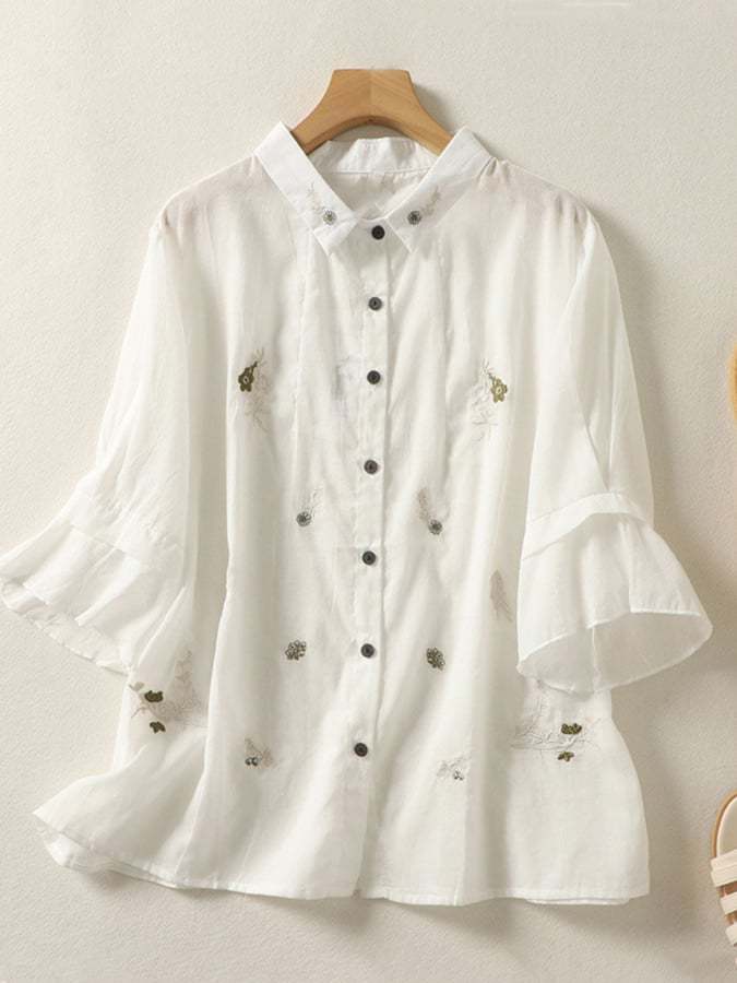 Ruffle Sleeve Art Retro Loose Embroidered Shirt