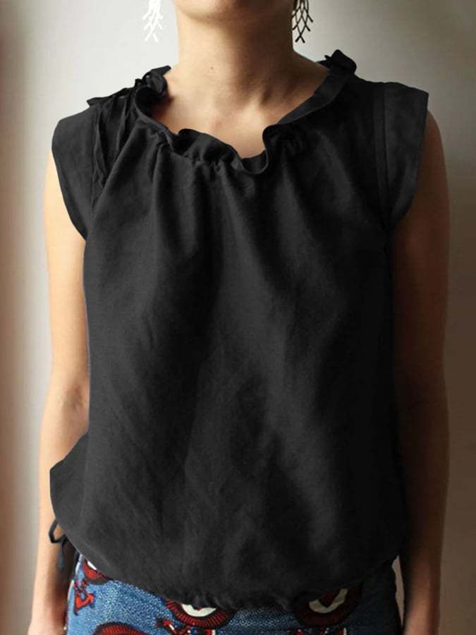 Casual Plain Frill Neck Cap Sleeve Loose Tank Top