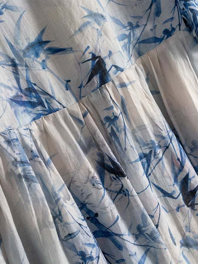 Floral Cotton Linen V-Neck Printed Swing Dress