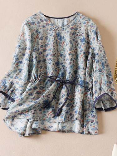 Vintage Ethnic Round Neck Waisted Tie Up Printed Shirt