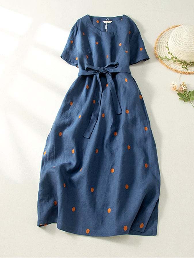 Cotton And Linen Printed Polka Dot Artistic Waistband Dress