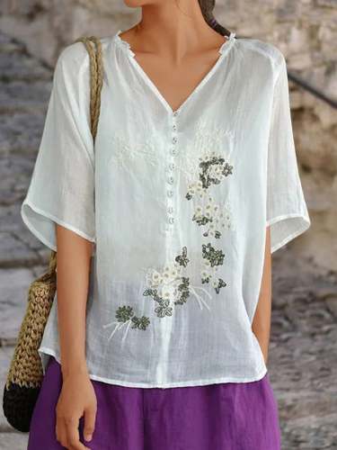 V-Neck Mid Sleeve Side Of Fungus Embroidery Shirt