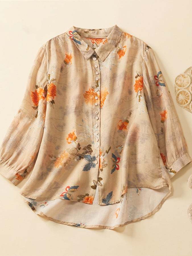 Cotton And Linen Printed Lapel 3/4 Sleeve Loose Shirt