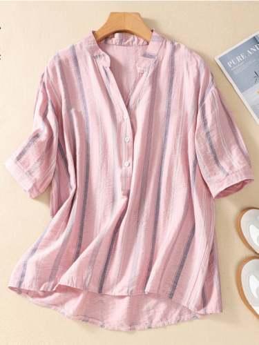 Cotton And Linen Print Striped Casual Top