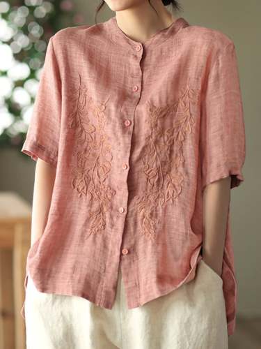 Cotton Floral Embroidered Button Up Loose Shirt