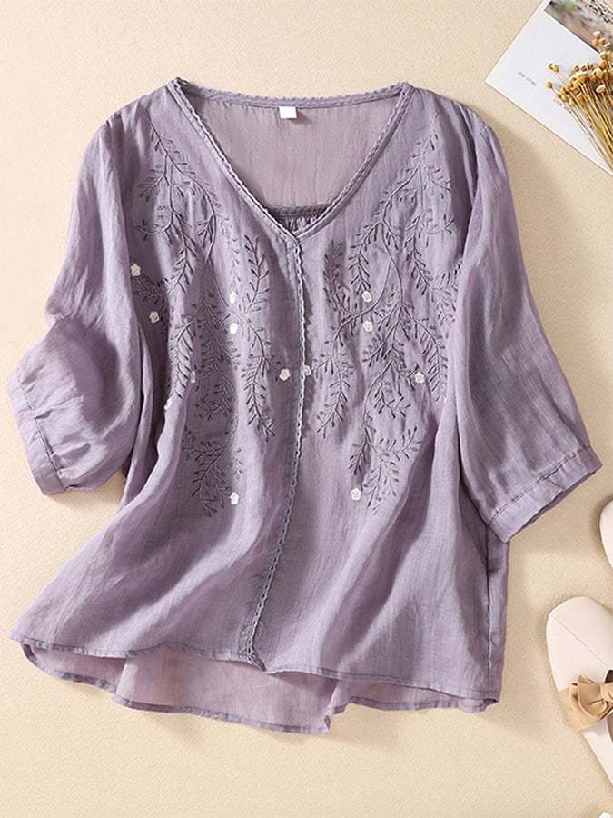 Embroidered Loose Cotton And Linen Top