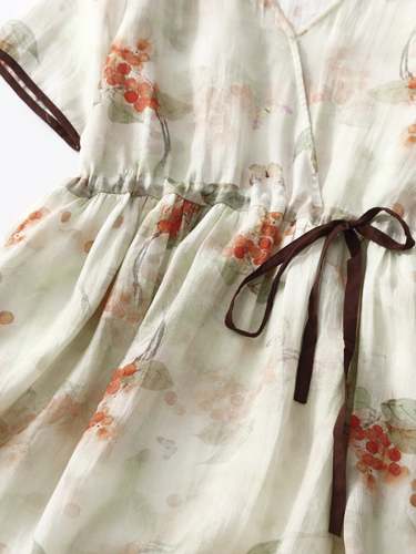 Women's Literary Retro Temperament Elegant Drawstring V-Neck Printed Dress