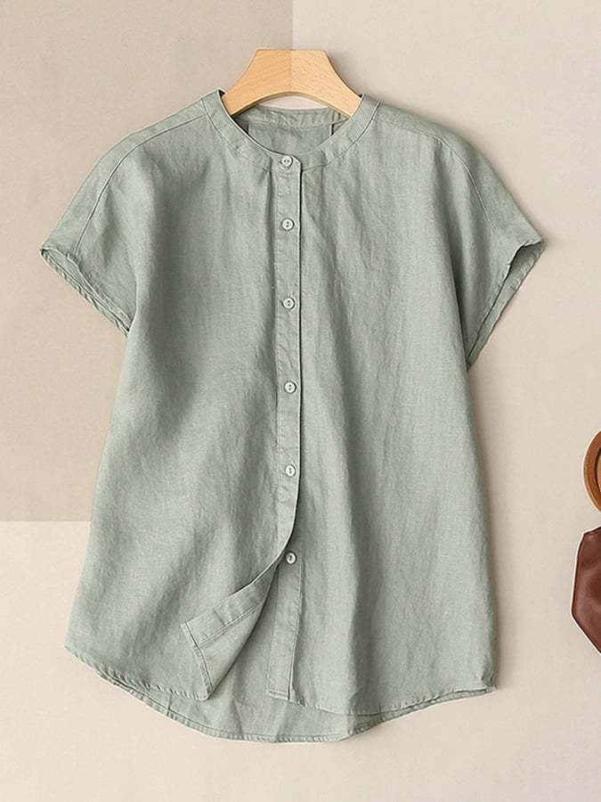 Solid Color Stand Collar Loose Short Sleeve Cotton Linen Shirt