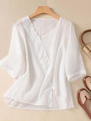 Fashion Lace V-Neck Cotton Linen Shirt