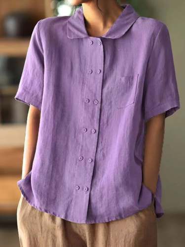 Solid Color Loose Doll Collar Casual Cotton Linen Shirt