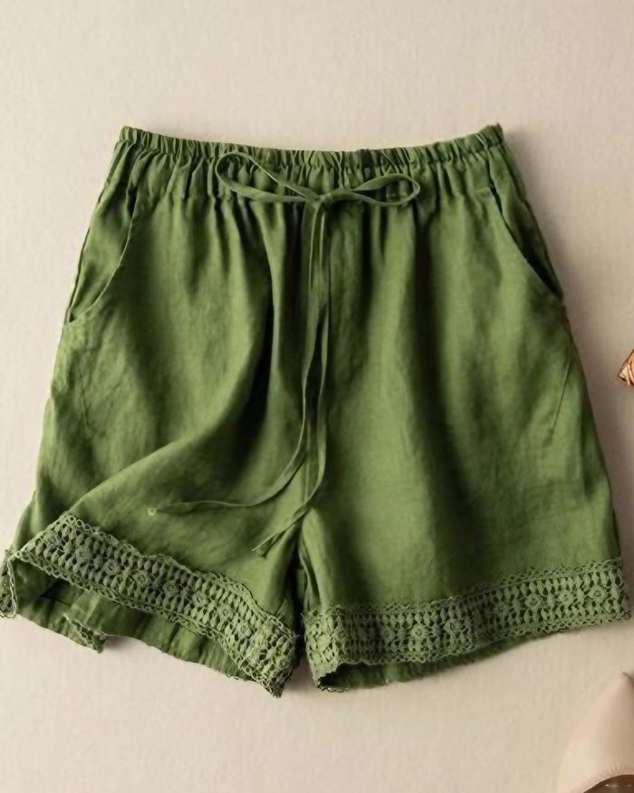 Cotton And Linen Retro Hook Flower High Waisted Shorts