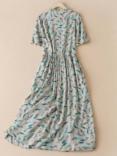 Cotton And Linen Printed Artistic Waistband Dress