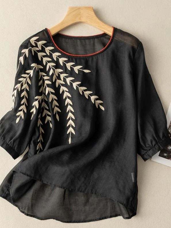 Women'S Round Neck Embroidery Casual Short Sleeve Solid Color Linen Blouse