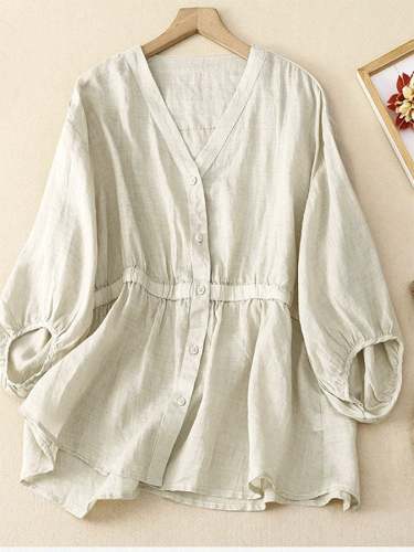 Cotton And Linen V-neck Waistband Lantern Sleeve Pullover Shirt