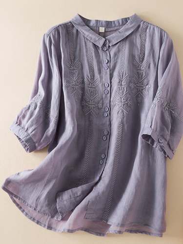 Solid Embroidered Loose Cotton Linen Shirt