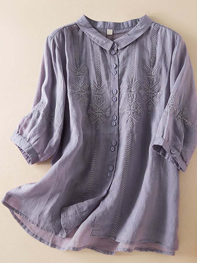 Solid Embroidered Loose Cotton Linen Shirt