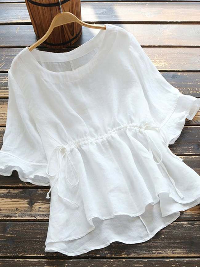 Solid Cotton And Linen Round Neck Waist Casual Top