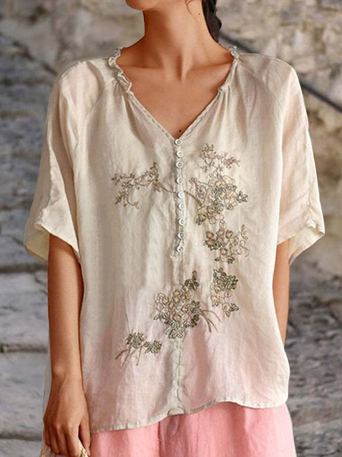 V-Neck Mid Sleeve Side Of Fungus Embroidery Shirt