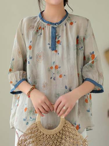 Cotton Casual Floral Mid Sleeve Frog Button Contrast Color Shirt