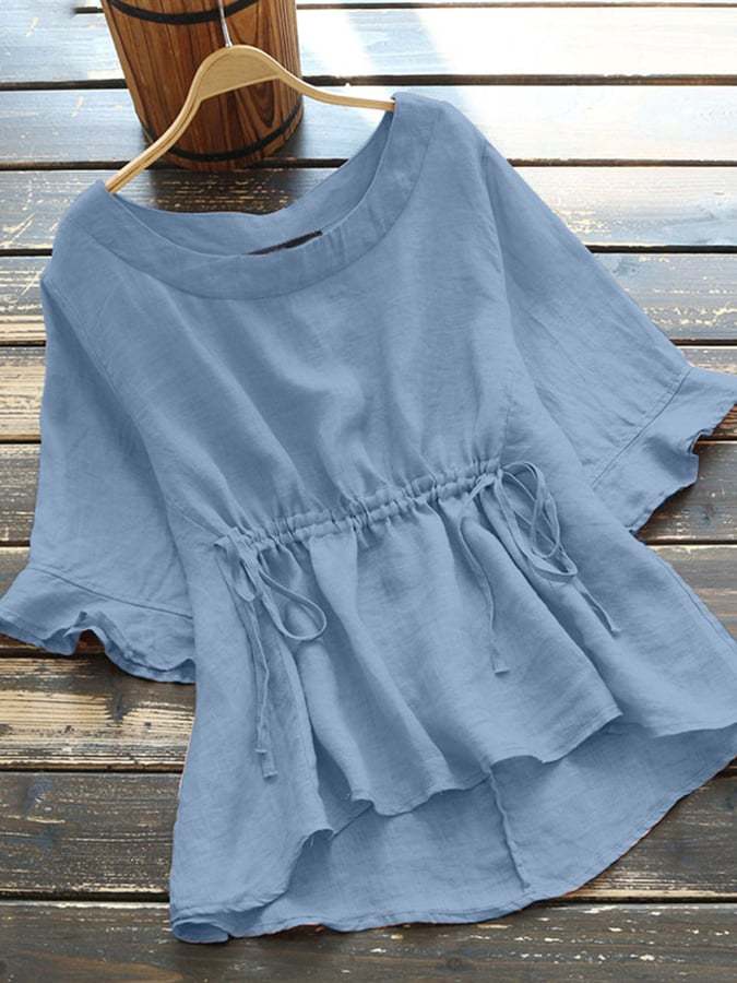 Solid Cotton And Linen Round Neck Waist Casual Top