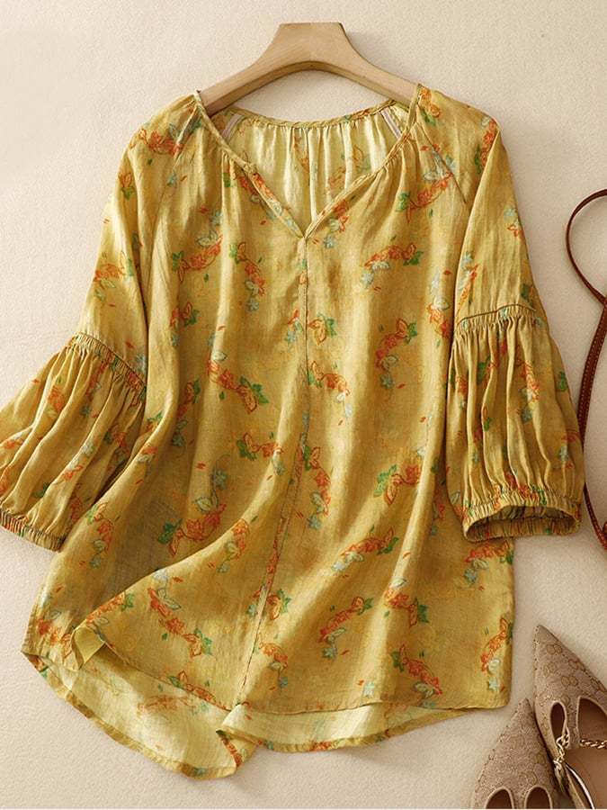 Cotton Floral V-Neck Loose Shirt