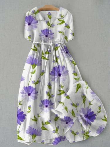 Women's Vintage Botanical Floral Design Print Doll Neck Lace Up Dress