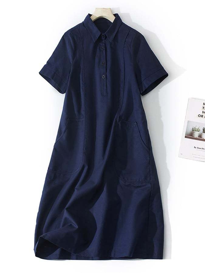 Loose Solid Cotton Linen Lapel Short Sleeve Dress