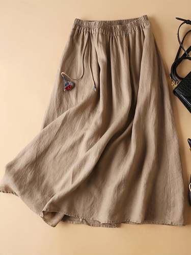 Cotton Linen Loose Casual Elastic Waist Skirt
