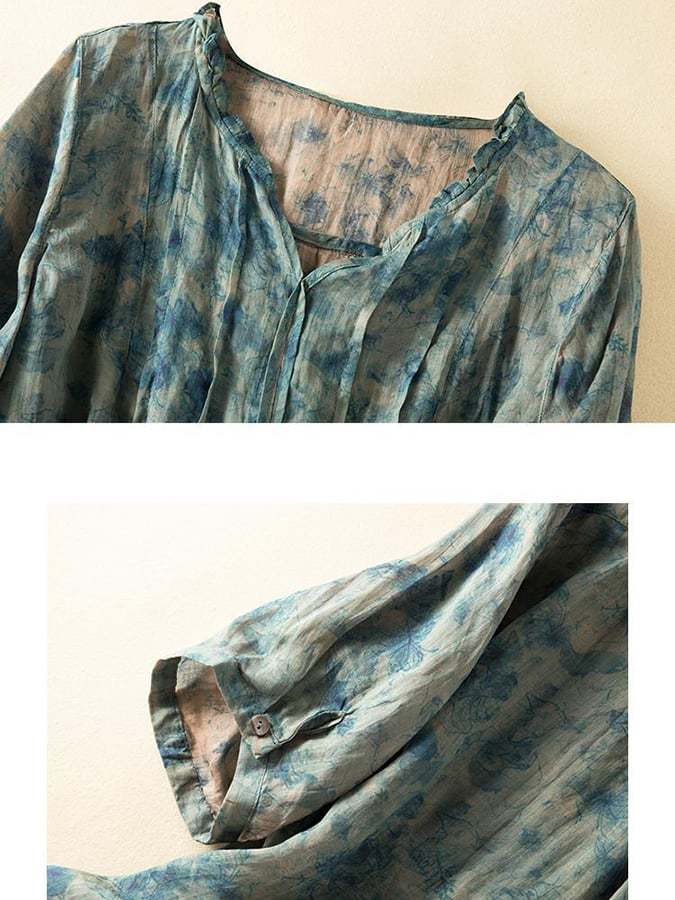 Fashion Retro Loose Print V-Neck Shirt