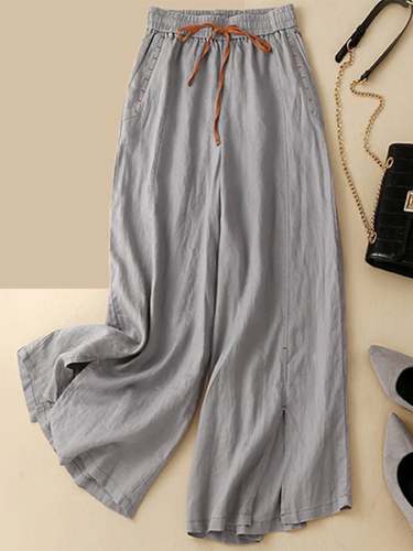 Cotton And Linen Contrasting Color Drawstring Slit Loose Casual Pants