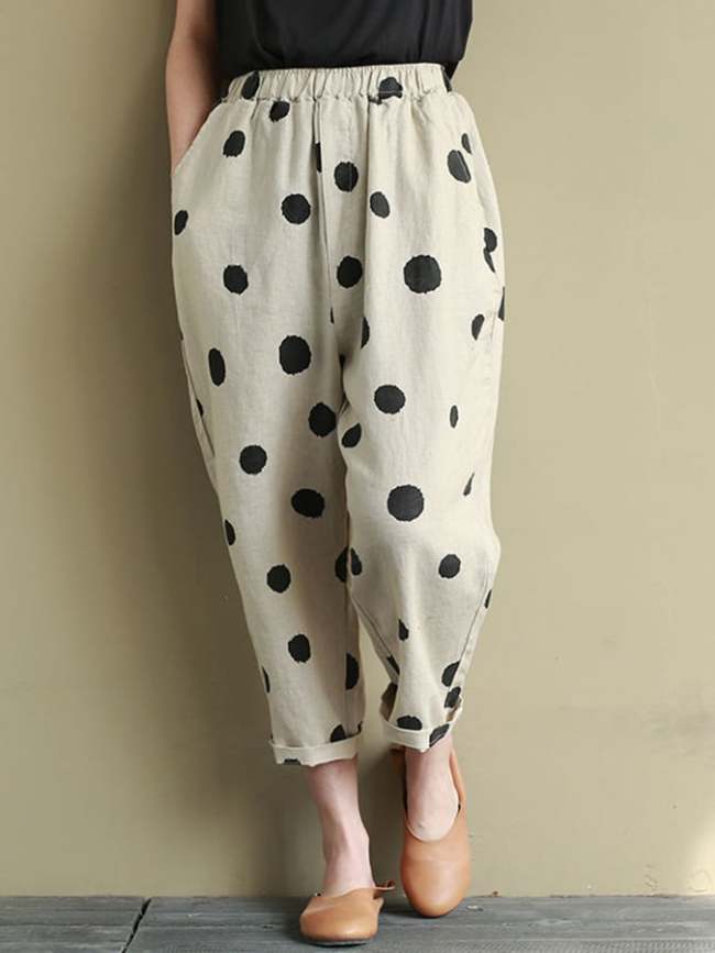Retro Polka Dot Printed Cotton And Linen Casual Loose Cropped Pants