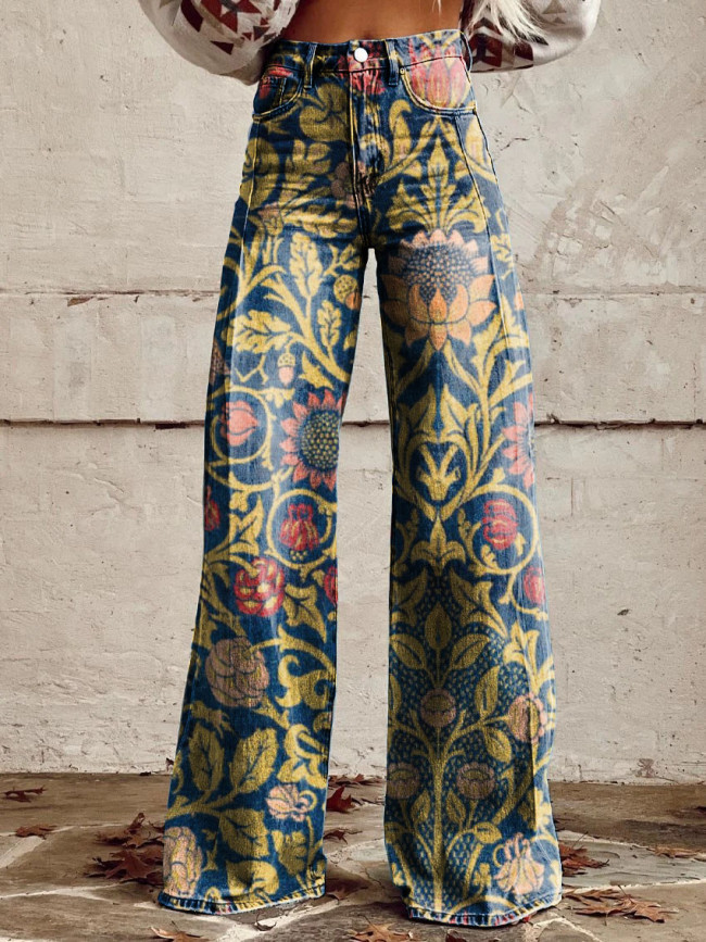 Women's Vintage Floral Print Casual Wide Leg Pants