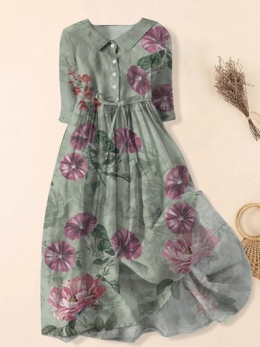 Women's Artistic Casual Lace-Up Loose Floral Print Dress