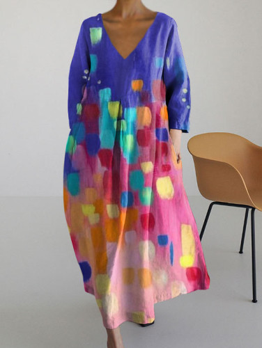 Women's Casual Bright Color Block Print V-neck Dress