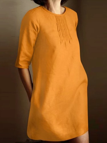 Women's Retro Solid Color Casual Round Neck Dress