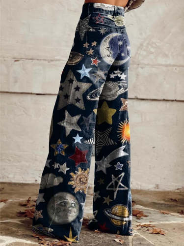 Women's Collage Stars Print Casual Wide Leg Pants