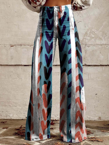 Women's White, Red and Blue Heart Print Casual Wide Leg Pants