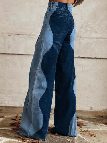 Women's Wavy Denim Pattern Print Casual Wide Leg Pants