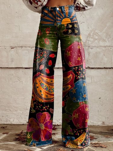 Women's Vintage Print Casual Wide Leg Pants