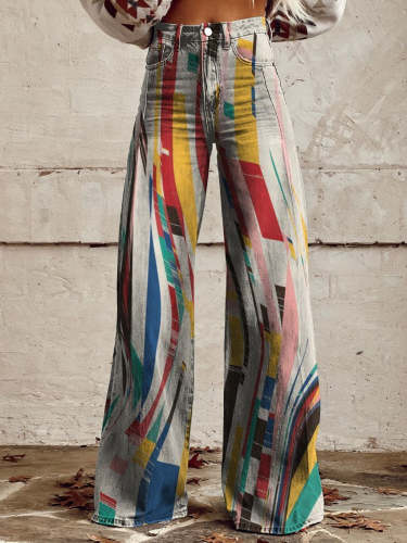 Women's Color Chaos Geometry Print Casual Wide Leg Pants