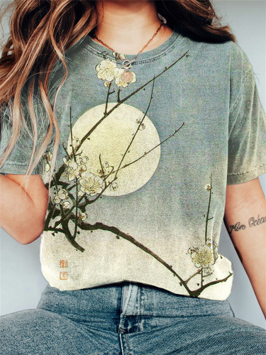 Plum Blossom Full Moon Night Gradient Japanese Art T Shirt
