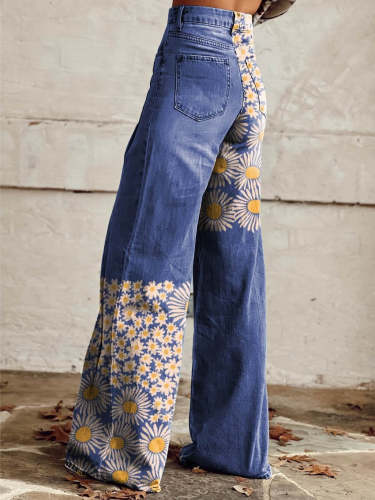 Women's Blue Daisy Print Casual Wide Leg Pants