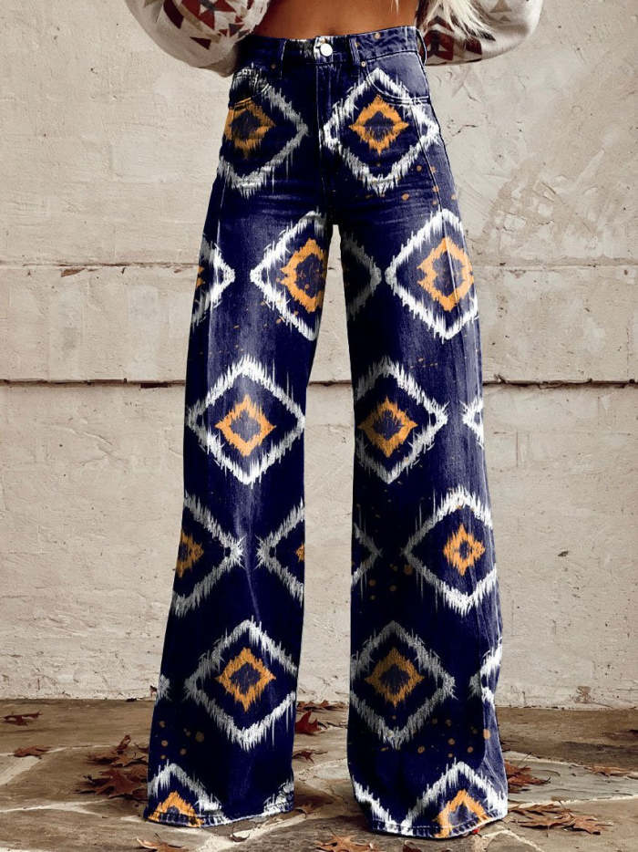 Women's Vintage Print Casual Wide Leg Pants