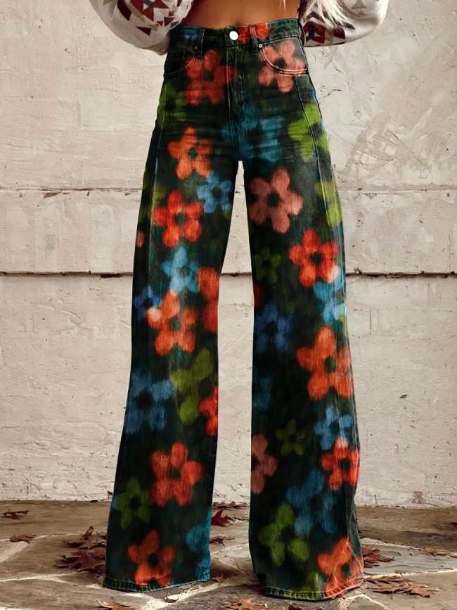 Women's Vintage Stamens Print Casual Wide Leg Pants