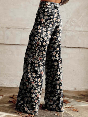 Women's Black Flower Print Casual Wide Leg Pants