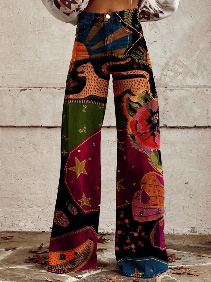 Women's Vintage Print Casual Wide Leg Pants